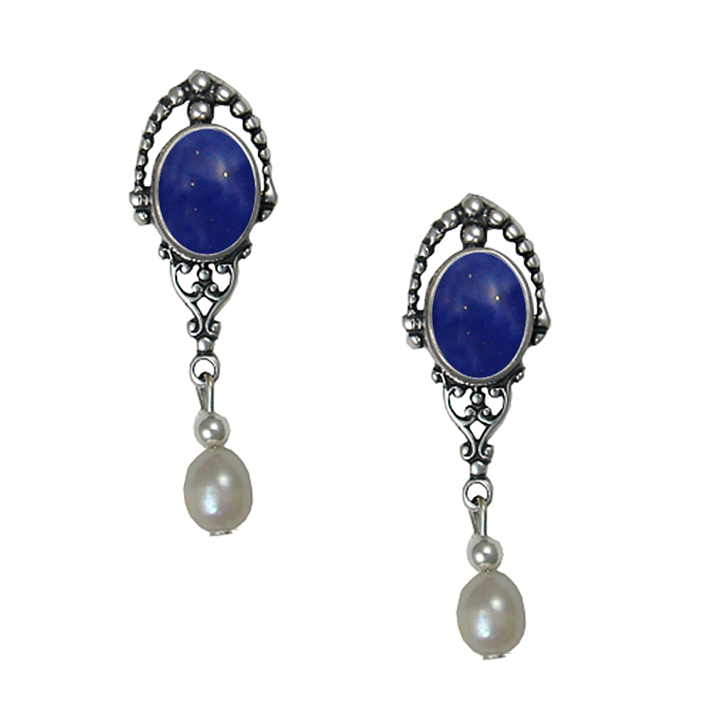 Sterling Silver Cultured Freshwater Pearl Drop Dangle Earrings With Lapis Lazuli